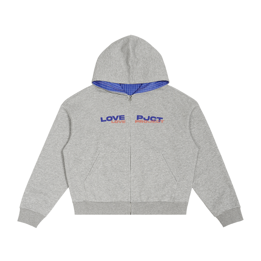 Contrast Plaid Boxy Zip Hoodie