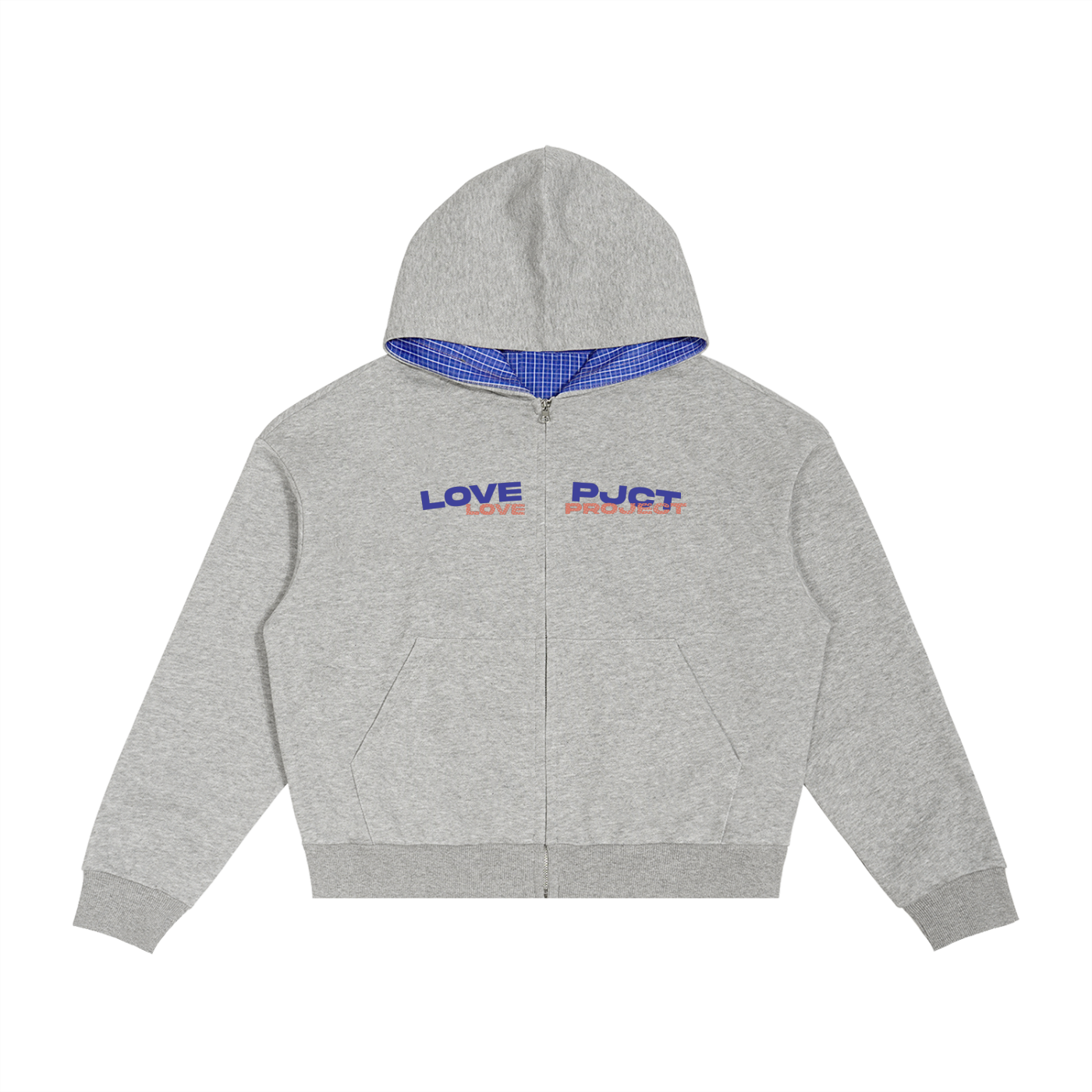 Contrast Plaid Boxy Zip Hoodie